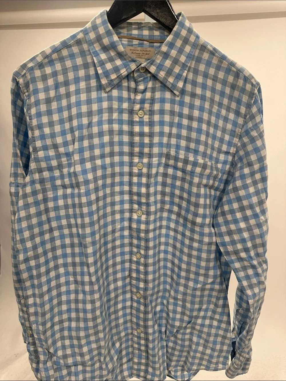 Banana Republic Linen Blue and White Gingham Button-Down Shirt
